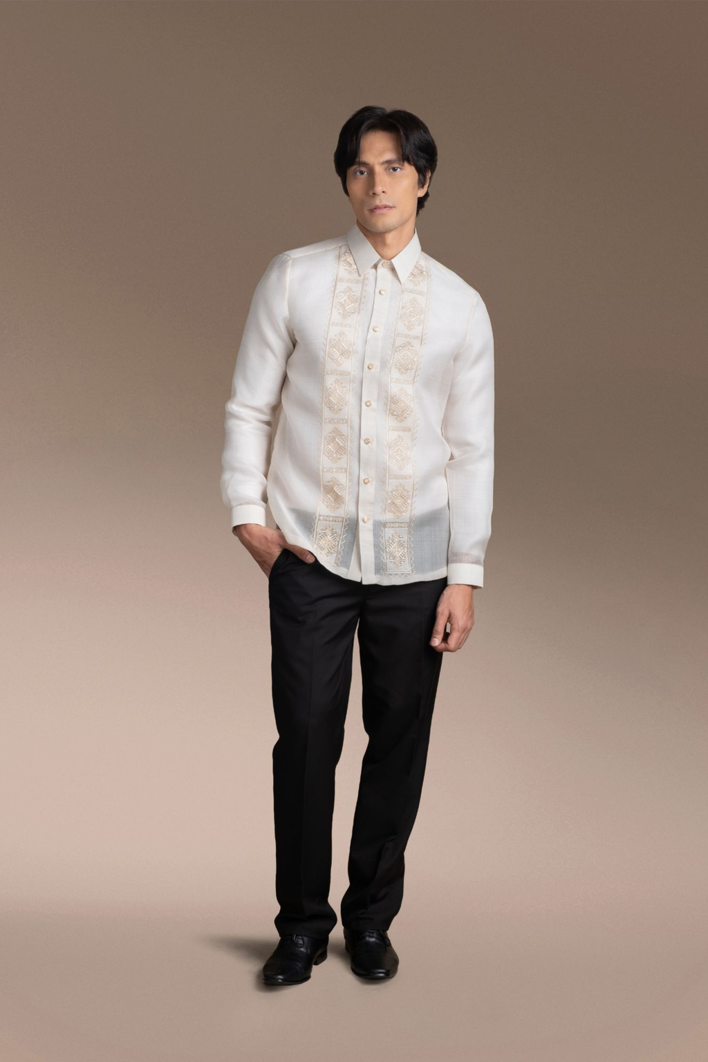 Onesimus Men’s Formal Barong Tagalog, Textured Pure Natural Silk, Embroidered