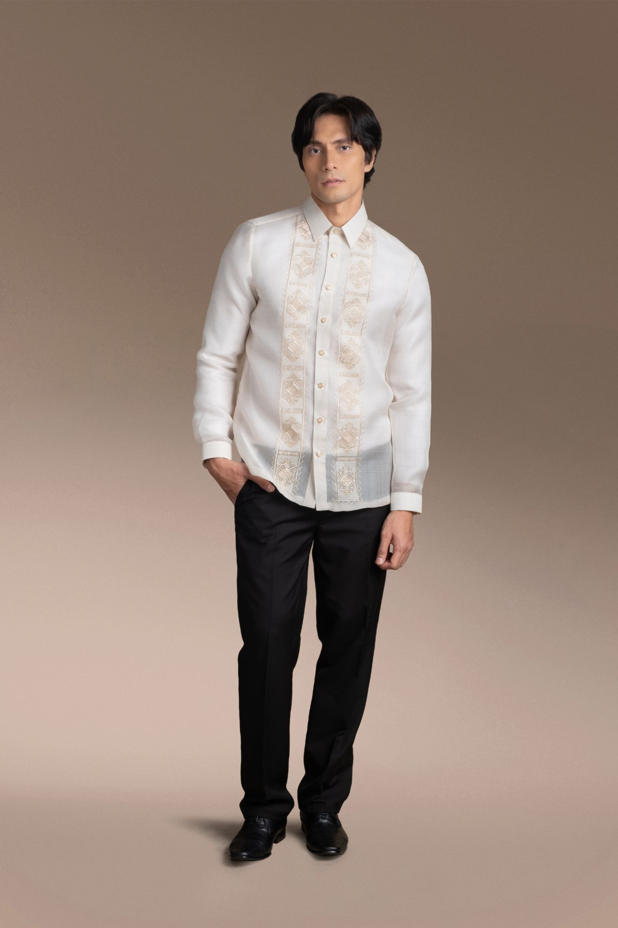 Onesimus Men’s Formal Barong Tagalog, Textured Pure Natural Silk, Embroidered