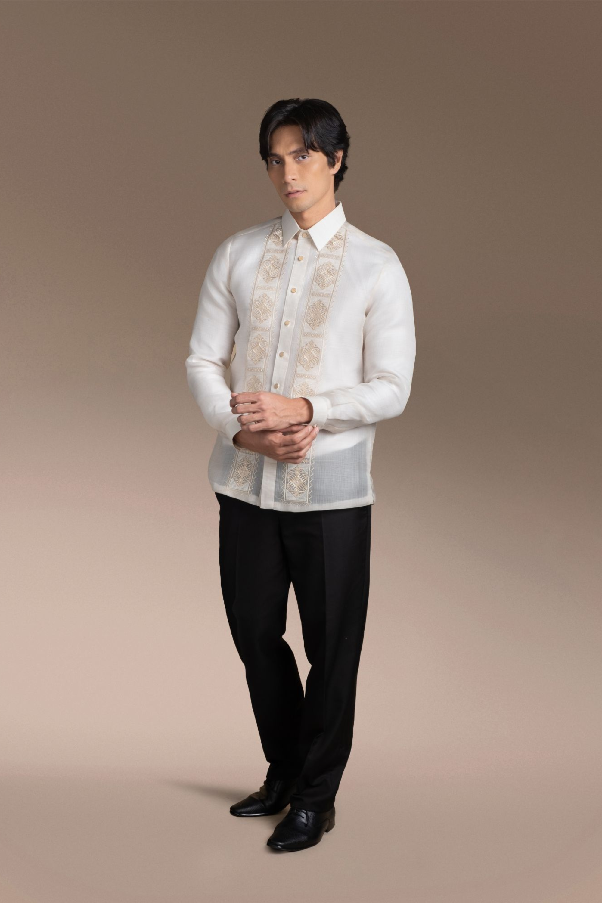 Onesimus Men’s Formal Barong Tagalog, Textured Pure Natural Silk, Embroidered