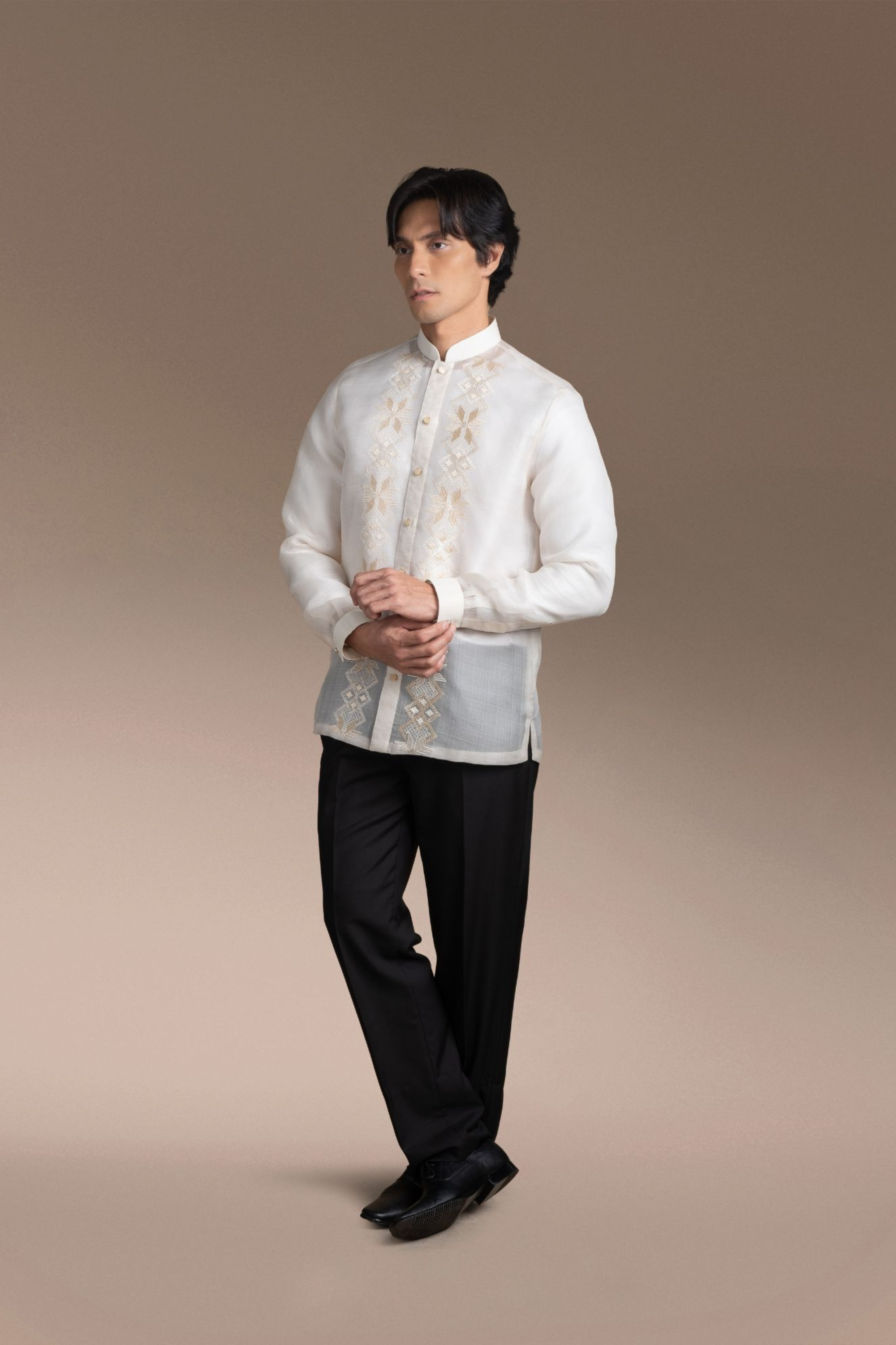 Onesimus Men’s Formal Barong Tagalog, Textured Pure Natural Silk, Embroidered
