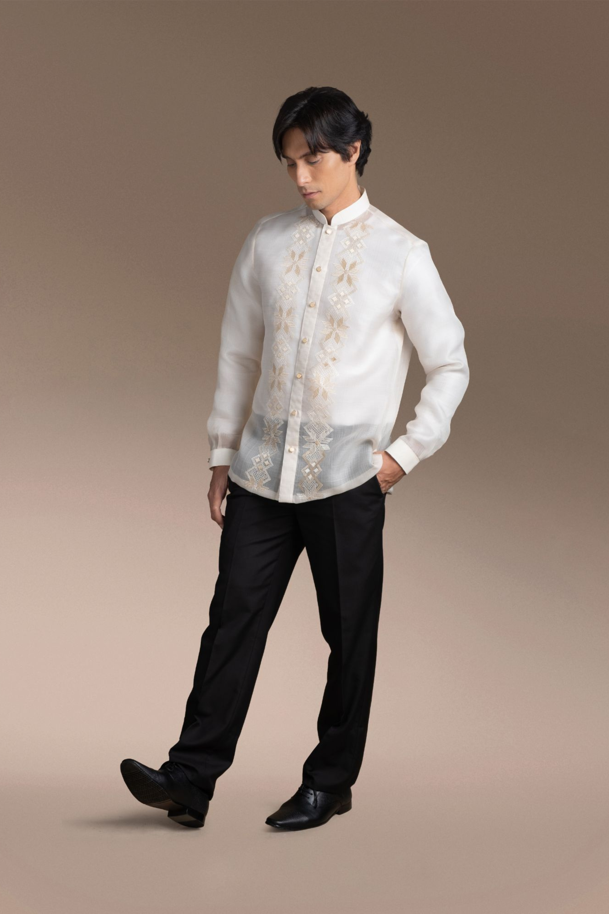Onesimus Men’s Formal Barong Tagalog, Textured Pure Natural Silk, Embroidered