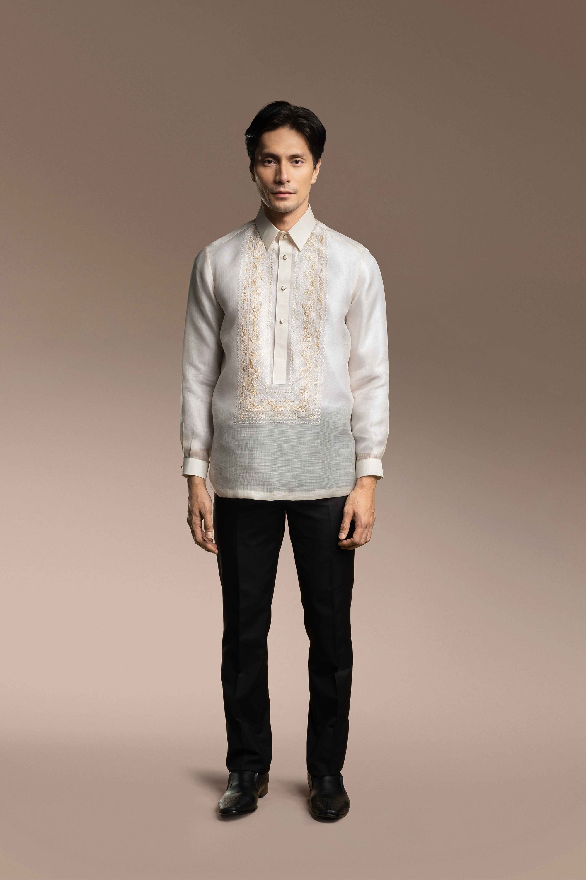 Onesimus Men’s Formal Barong Tagalog, Textured Pure Natural Silk, Embroidered