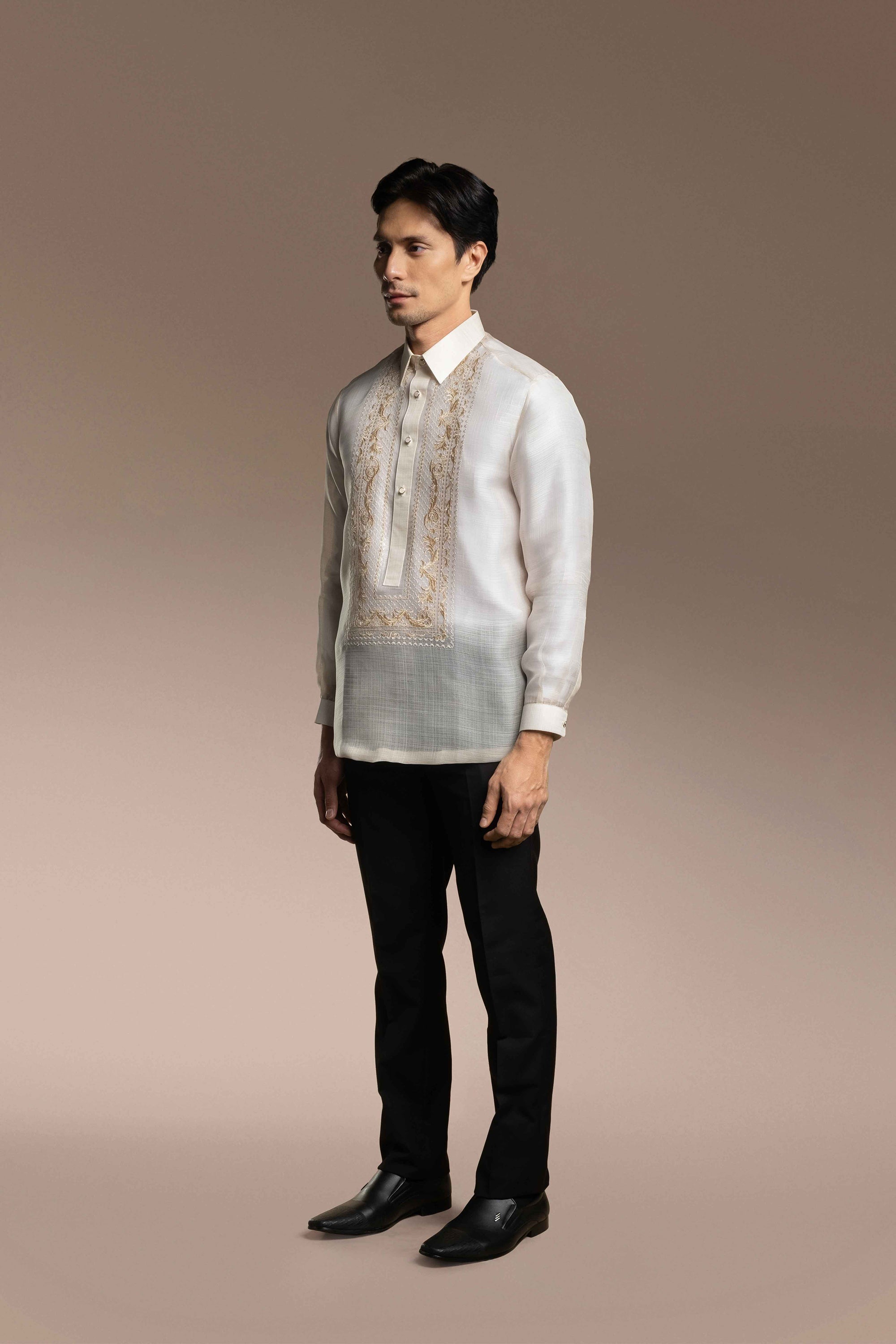Onesimus Men’s Formal Barong Tagalog, Textured Pure Natural Silk, Embroidered