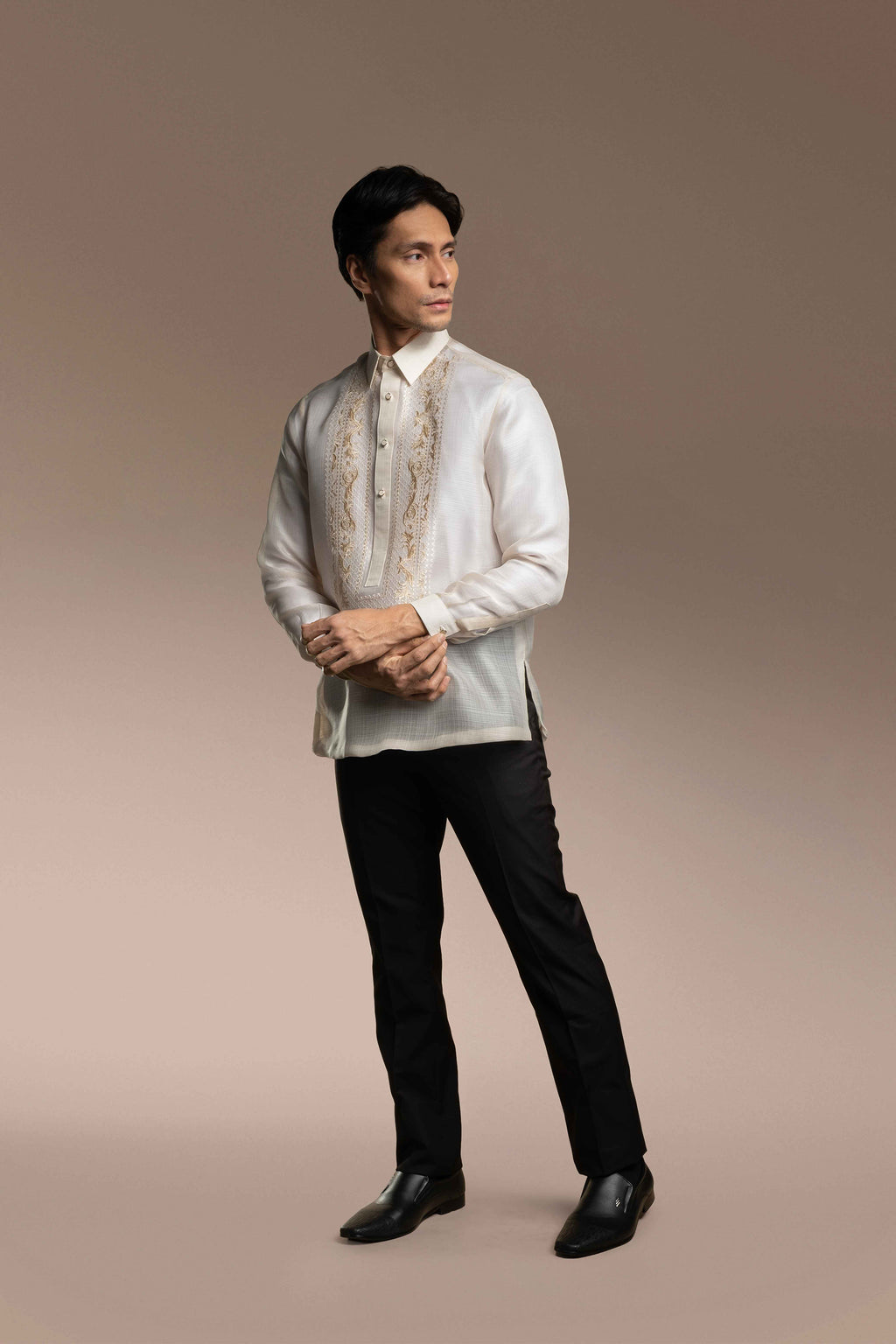 Onesimus Men’s Formal Barong Tagalog, Textured Pure Natural Silk, Embroidered