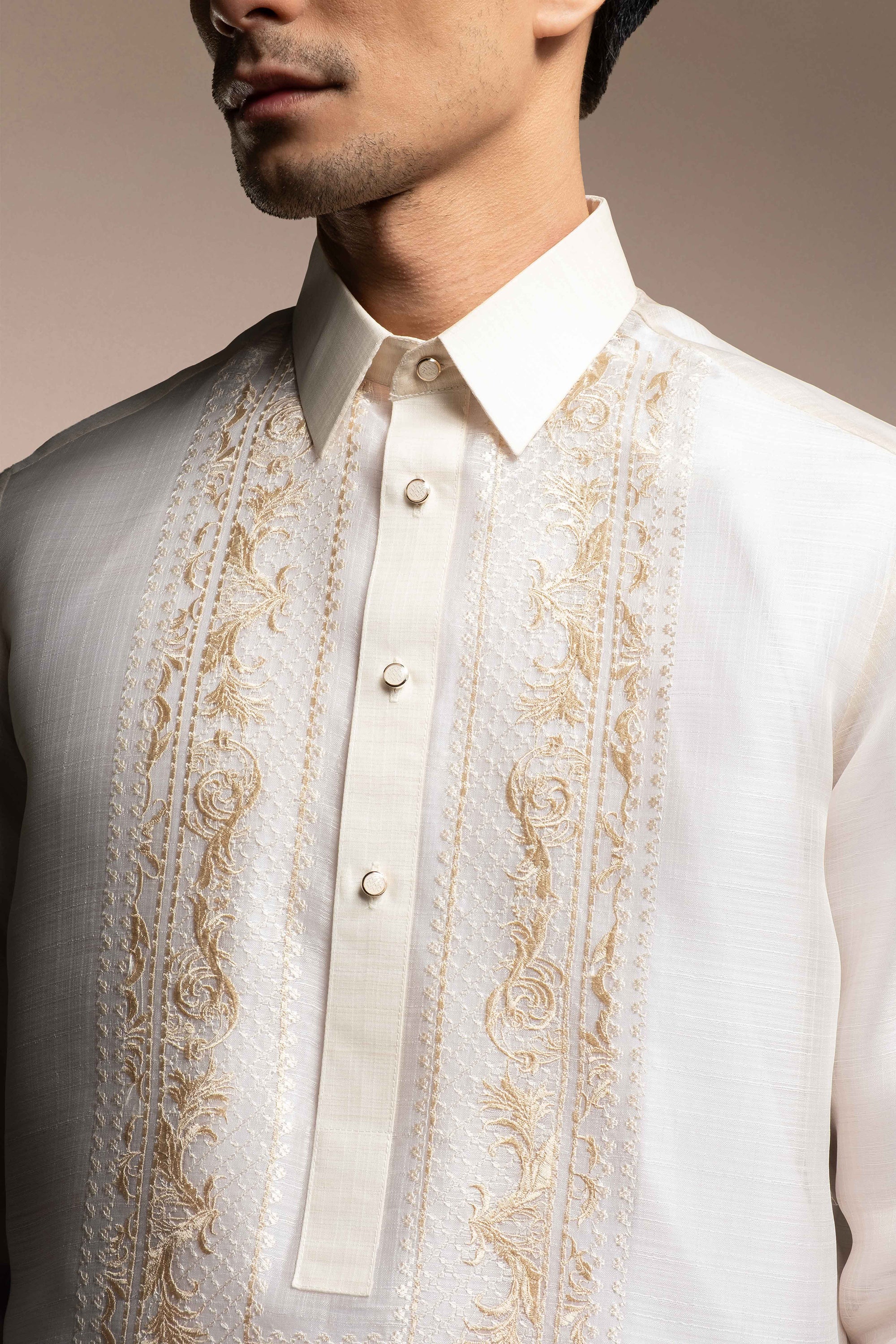 Onesimus Men’s Formal Barong Tagalog, Textured Pure Natural Silk, Embroidered