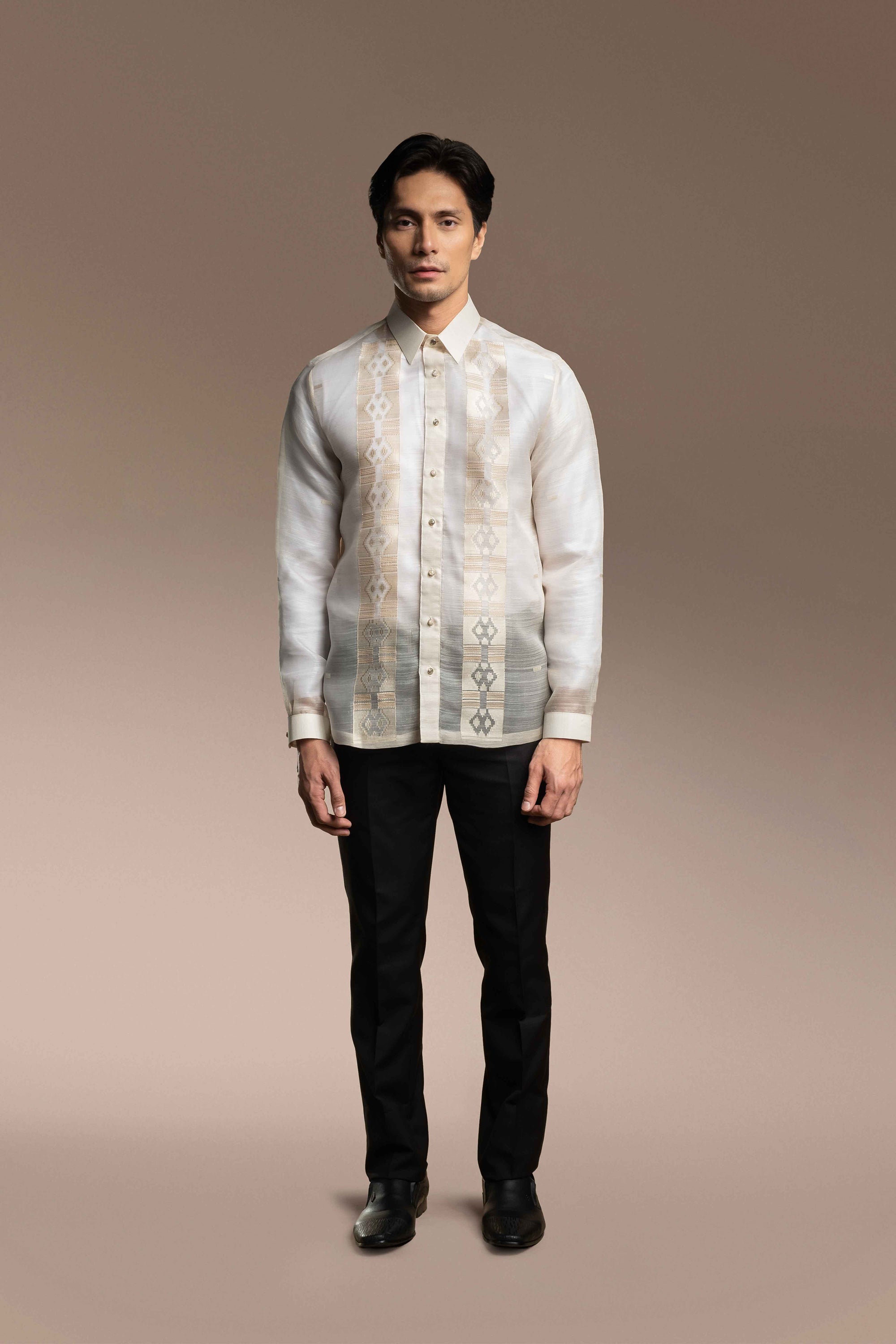 Onesimus Men’s Formal Barong Tagalog, Handwoven Pineapple Leaves Fiber and Natural Silk, Embroidered
