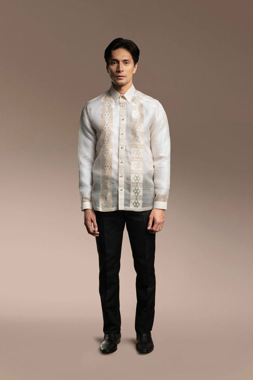 Man wearing a Onésimus Barong Philippines Handwoven Pineapple Leaves Fiber against a plain background