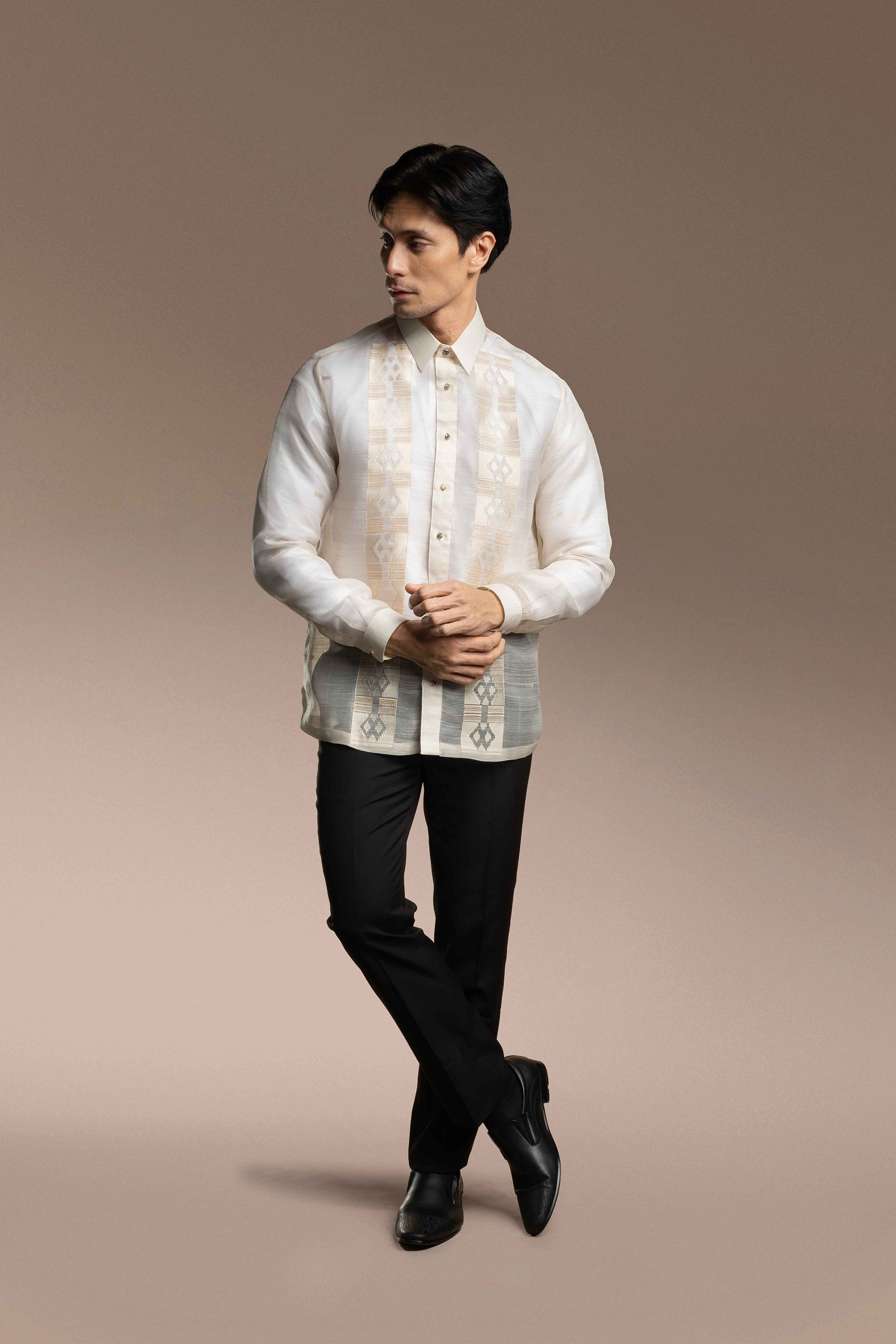 Onesimus Men’s Formal Barong Tagalog, Handwoven Pineapple Leaves Fiber and Natural Silk, Embroidered