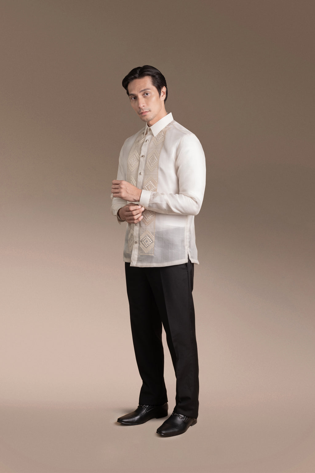 Onesimus Men’s Formal Barong Tagalog, Textured Pure Natural Silk, Embroidered