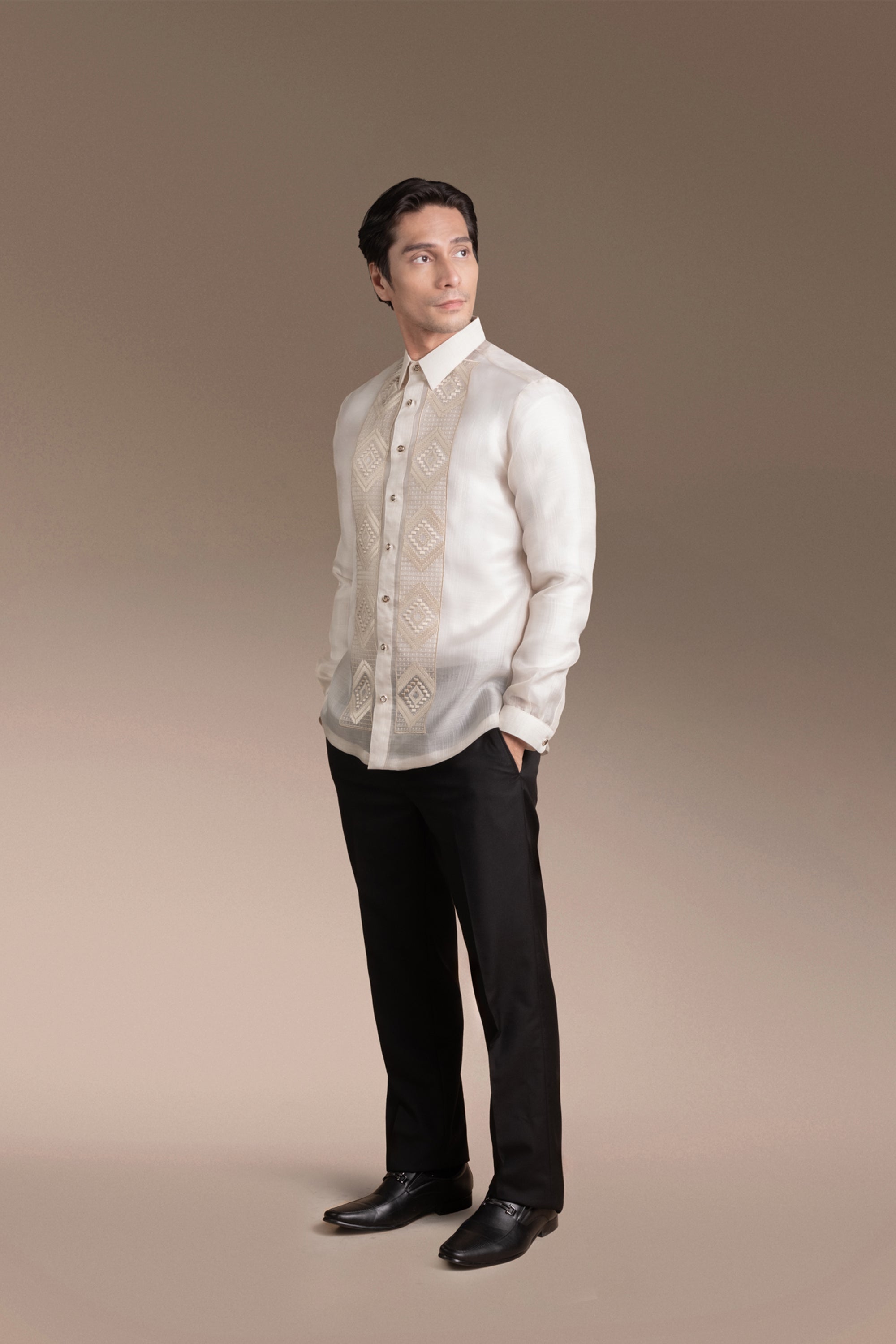 Onesimus Men’s Formal Barong Tagalog, Textured Pure Natural Silk, Embroidered