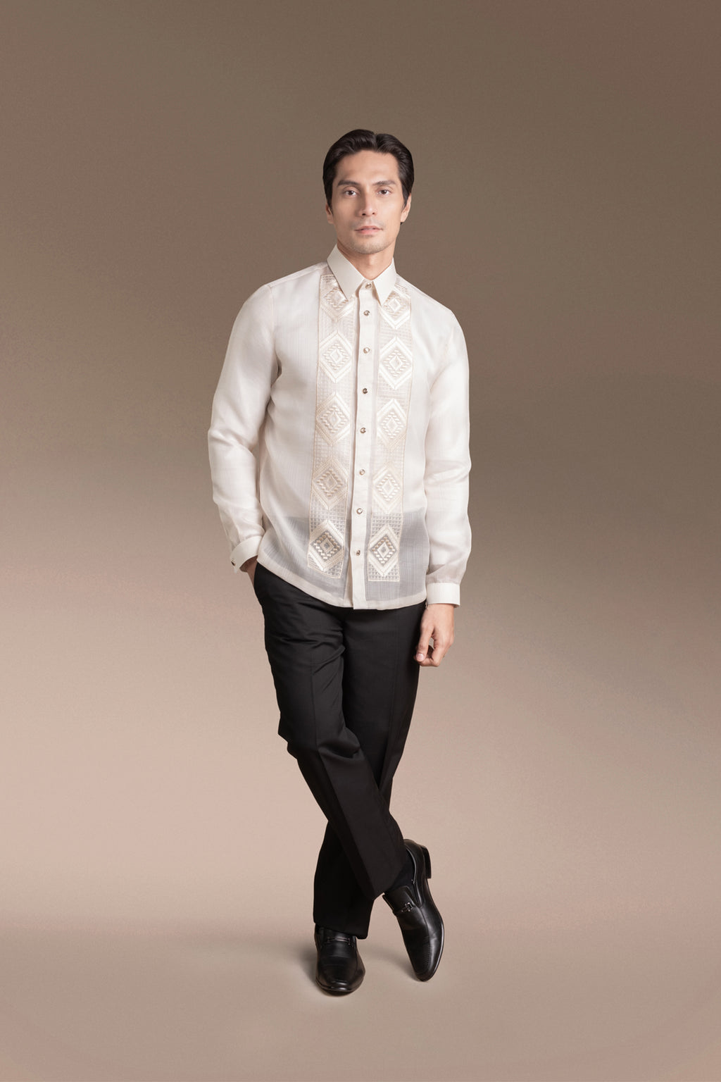 Onesimus Men’s Formal Barong Tagalog, Textured Pure Natural Silk, Embroidered